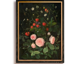 Still Life with Roses and Strawberries Art Print, Printed Wall Art, Flower Painting, Traditional, Rustic, Vintage Still Life Art Print