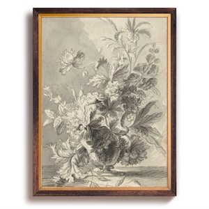 Florero con estampado de arte de flores, arte de pared de flores impreso, boceto de flores, tradicional, granja, rústico, póster con estampado de arte floral vintage