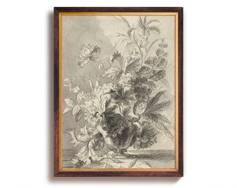 Könnte beinhalten: Eine Schwarzweiß-Bleistiftzeichnung eines Blumenstraußes in einer Vase. Die Blumen sind in einem lockeren, natürlichen Stil angeordnet, und die Vase ist schlicht und elegant.
