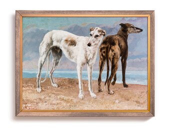 Greyhounds Art Print, Vintage Dog Painting, Rustic Farmhouse Wall Decor