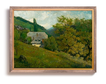 Könnte beinhalten: Ein gerahmtes Ölgemälde, das eine ländliche Landschaft mit einem Haus in der Ferne zeigt. Das Haus hat ein graues Dach und weiße Wände. Im Vordergrund befinden sich Bäume und grüne Hügel. Der Himmel ist blau mit weißen Wolken.