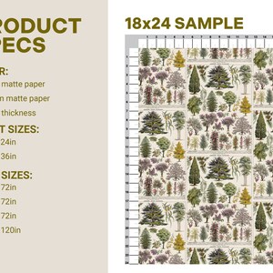 May include: A sample of a botanical print fabric featuring a repeating pattern of various trees and plants in shades of green, brown, and purple on a cream background. The fabric is labeled "18x24 Sample".