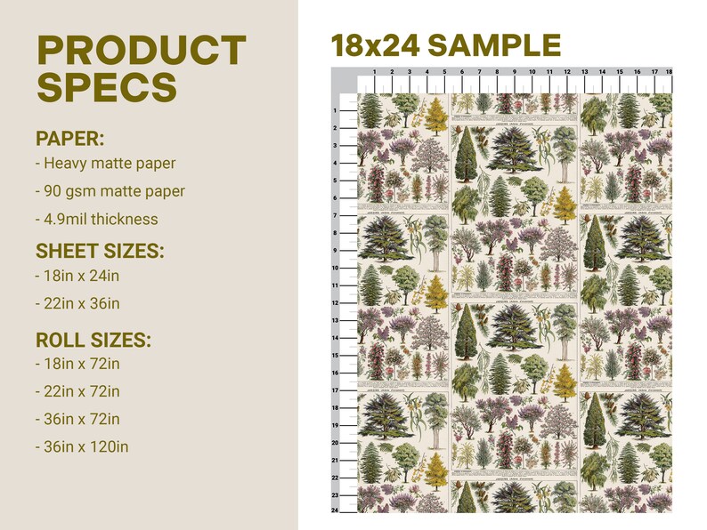 May include: A sample of a botanical print fabric featuring a repeating pattern of various trees and plants in shades of green, brown, and purple on a cream background. The fabric is labeled "18x24 Sample".