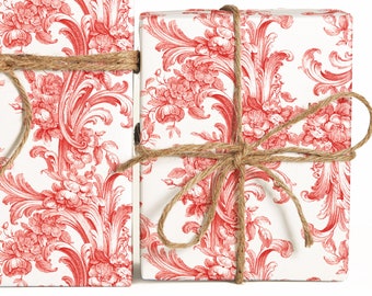 Red Floral Leaf Etch Wrapping Paper Roll, Decorative Gift Wrap Sheets, Drawn Floral Pattern
