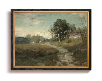 Könnte beinhalten: Gerahmtes Landschaftsgemälde mit einem Weg, der zu einem Haus führt, umgeben von Bäumen und Feldern. Das Kunstwerk hat eine Vintage-Ästhetik mit einem schwarzen Rahmen und einem goldenen Innenrand. Der Himmel ist hellblau mit Wolken.