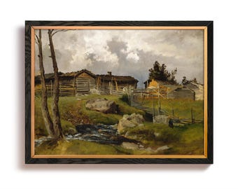 May include: A painting depicting a rustic scene with wooden cabins, a small stream, and a cloudy sky. The cabins are surrounded by a wooden fence and there are trees in the background.