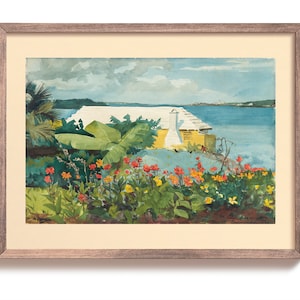 Impresión de arte del jardín de flores por Winslow Homer, arte de la pared del paisaje costero, acuarela del paisaje tropical, rústico, impresión del arte del océano vintage