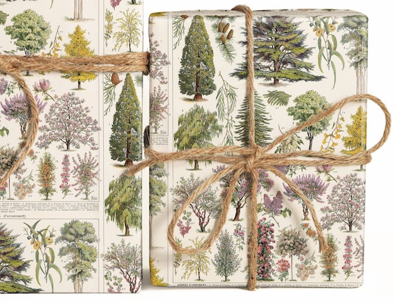 Ornamental trees Wrapping Paper Roll, Vintage Tree Gift Wrap Sheets, Tree Pattern