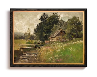 Könnte beinhalten: Ein gerahmtes Ölgemälde, das eine ländliche Landschaft mit einem kleinen Holzhaus zeigt, das zwischen Bäumen eingebettet ist, und einem Bach, der durch eine grasbewachsene Wiese fließt. Eine Holzbrücke überquert den Bach im Vordergrund.