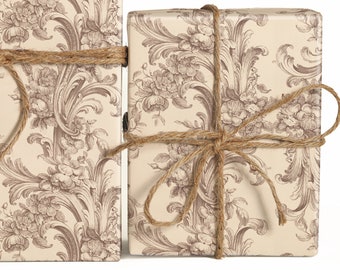 Beige Floral Leaf Etch Wrapping Paper Roll, Decorative Gift Wrap Sheets, Drawn Floral Pattern