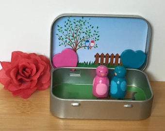 Love Birds, Valentines Day, Peg Dolls, Tin Box, Play Set