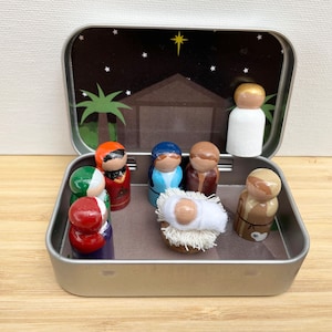 Christmas Nativity Quiet Toy, Peg Dolls, Tin Box - Ready to Ship