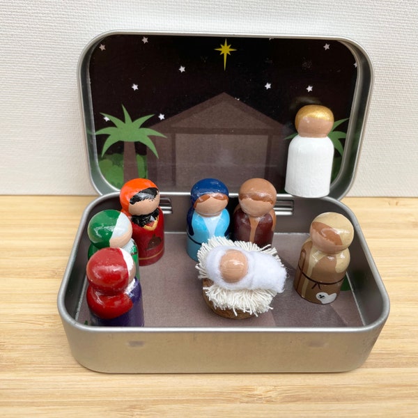 Christmas Nativity Quiet Toy, Peg Dolls, Tin Box - Ready to Ship