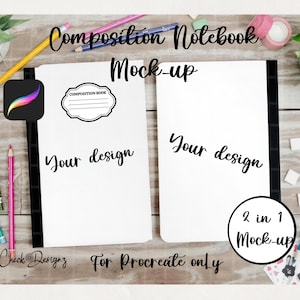 May include: A mock-up image featuring two composition notebooks with blank white covers, perfect for showcasing designs. The notebooks are surrounded by pencils, a pink heart, and other stationery items. The text "Composition Notebook Mock-up" is displayed at the top.