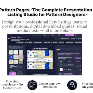 May include: A digital interface titled Pattern Pages - The Complete Presentation & Listing Studio for Pattern Designers. The software features a dark-themed workspace with a central canvas displaying Mediterranean tile patterns and a layer management panel.