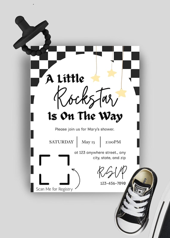 Editable Digital Baby Shower Invite/A Little Rockstar Is On The Way/Black & White Checkerboard Theme