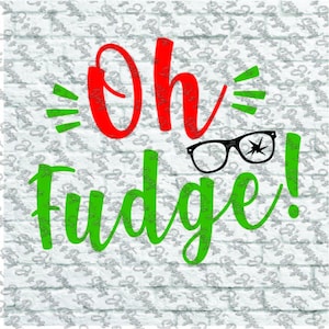 Może przedstawiać: Zielony i czerwony tekst na białym tle brzmi "Oh Fudge!" z parą czarnych okularów z pękniętą soczewką.