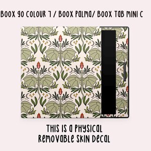 以下が含まれることがあります： Boox 90 Colour 7、Boox Palma、Boox Tab Mini C 電子書籍リーダー用の取り外し可能なスキンデカール。 デカールは、クリーム色の背景に緑色のドラゴン、花、星が繰り返されるパターンを特徴としています。