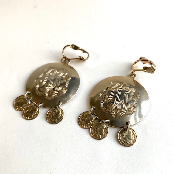 SALE! 1960s Monogram Etched Earrings with Coins - image 1