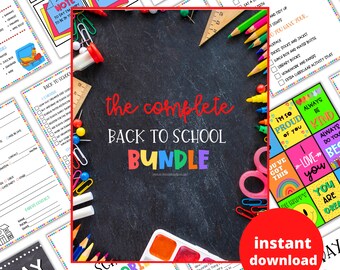 Pacote de materiais para impressão de volta às aulas: lista de verificação, placas, etiquetas para presentes (download digital)