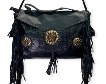 Ethnic leather shoulder bag / Leather bag with fringes / Leather hippie bag / Shoulder bag tote with fringes in black/ Gift / Anniversary