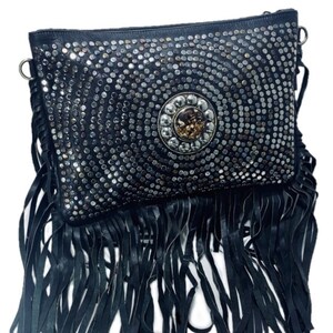 Leather bag with maxi black fringes / Shoulder bag with black fringes / Leather crossbody / hippie bag / black leahter bag