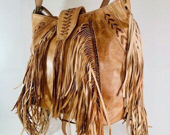 Boho fringed leather shoulder bag / Fringed leather bag / Leather crossbody / Hippie leather bag / Boho leather shoulder bag