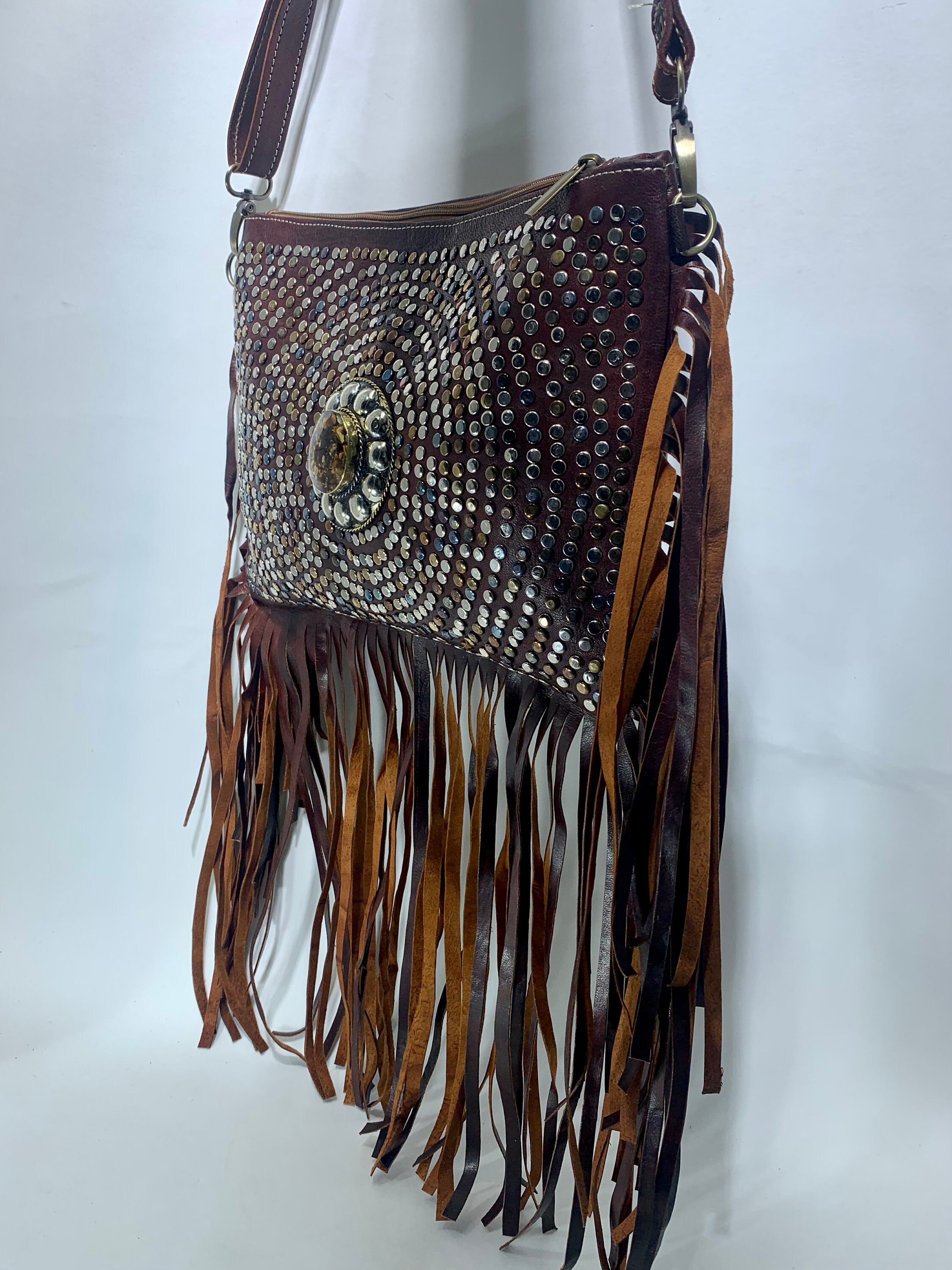 Leather Bag With Maxi Mahogany Fringes / Shoulder Bag With Etsy