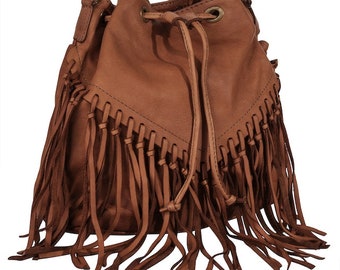 Black leather bucket bag with fringes/Camel leather bucket bag with fringes/Italian leather bag/Ethnic and modern leather bucket bag