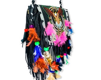 Ethnic boho black leather bag with fringes / Ethnic shoulder bag / Crossbody / Hippie shoulder bag /Bohostyle shoulder bag/Banjara