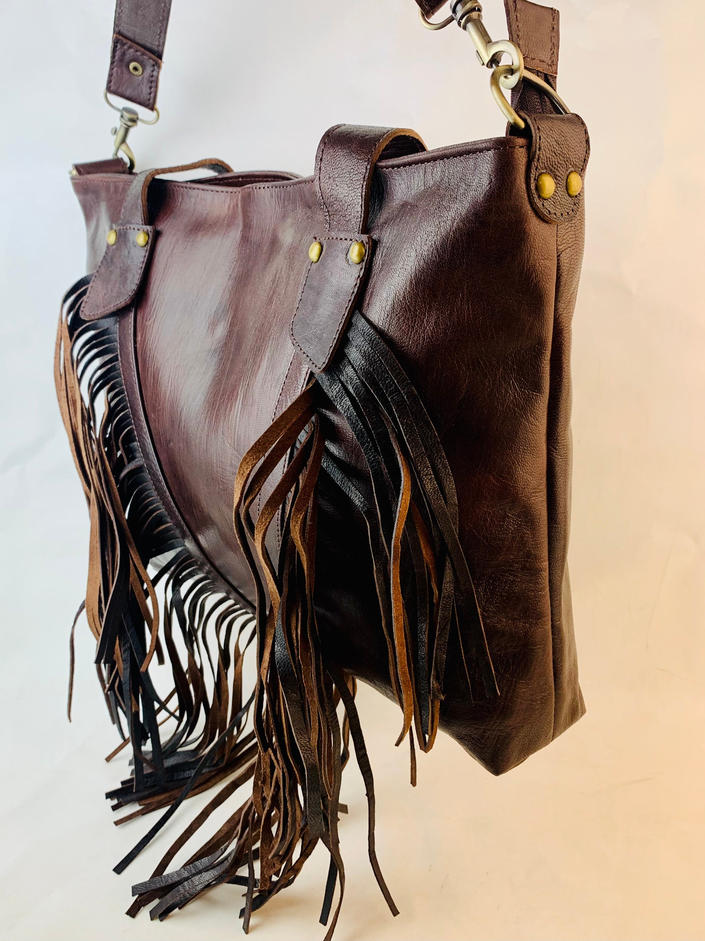Brown Leather Bag With Fringes, Shoulder Bag, Hippie Leather Bag