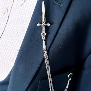 Sword Lapel Pin | Silver | Lapel Chain | Black Crystal Brooch | Knight Pin | Wedding