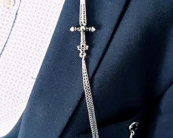 Sword Lapel Pin | Silver | Lapel Chain | Black Crystal Brooch | Knight Pin | Wedding