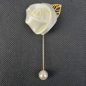 Satin Gold Leaf Boutainnare Handmade Flower Lapel Pin Boutonniere With Pearl Detailing Lapel Pin /Brooch