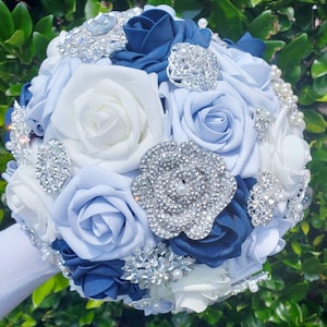 Blue Light Blue & White Wedding Bouquet  Brooch Bouquet Bridal Bouquet  Keepsake Bouquet Toss Bouquet  Wedding Flowers Bridesmaid Bouquet