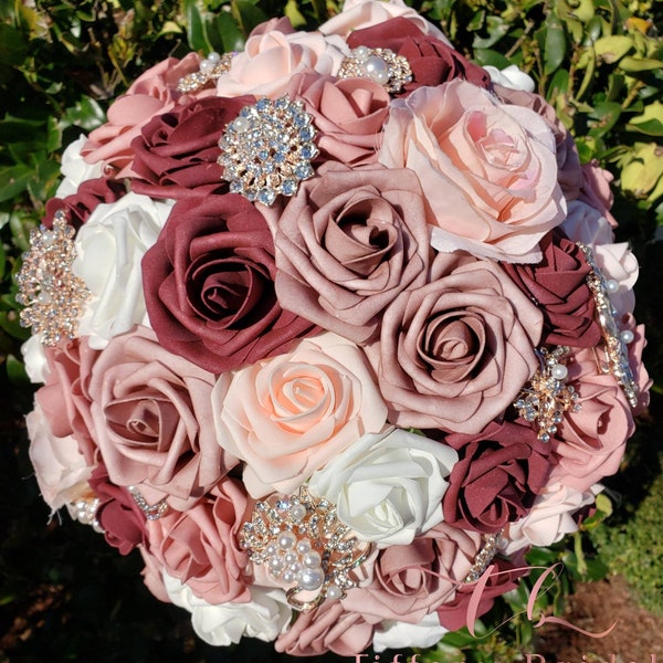 Wedding Bouquet, Brooch, Bridal, Keepsake, Toss, Wedding, Flowers, Bridesmaid, Pink & Burgundy, Rose Gold Bouquet, Rose, Quinceanera