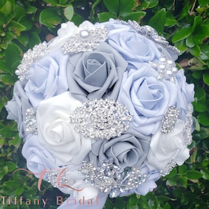 Light Blue, Gray Wedding Bouquet, Brooch, Bridal, Keepsake, Toss, Wedding, Flowers, Bridesmaid, Blue & Baby Blue, Grey, White, Quinceanera