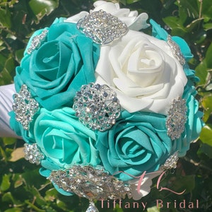 Teal and White Rose Wedding Bouquet-Brooch Bouquet-Bridal Bouquet-Keepsake Bouquet-Toss Bouquet-Wedding Flowers-Bridesmaid Bouquet