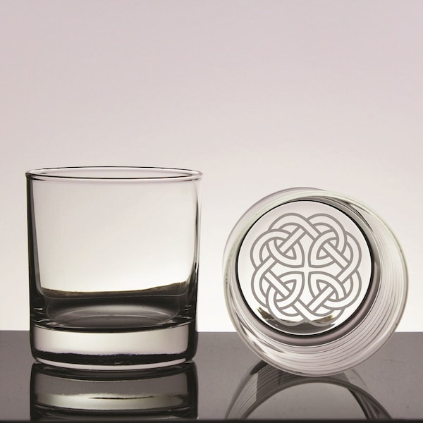 Two (2) Engraved 11 oz Rocks Glasses with Celtic Knot Engraving