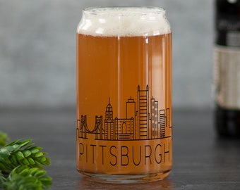Pittsburgh, PA Can-Shaped Glass with Skyline Print, Cityscape Print, Unique Beer Glass, Souvenir Gift, Drinkware