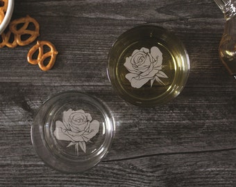Two (2) Rocks Glasses with Rose Engraving