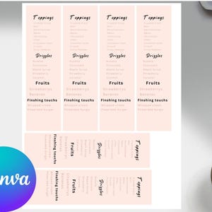 May include: A collection of pink recipe cards with the word "Toppings", "Drizzles", "Fruits", and "Finishing touches" printed on them. The word "Canva" is printed on a blue and purple circle in the bottom left corner.