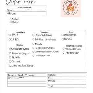 Op de afbeelding: Een bestelformulier voor mini-pannenkoeken, met een logo van pannenkoeken en aardbeien. Het formulier bevat secties voor klantgegevens, afhalen of bezorgen, toppingopties zoals crushed Oreos en betaalmethoden.