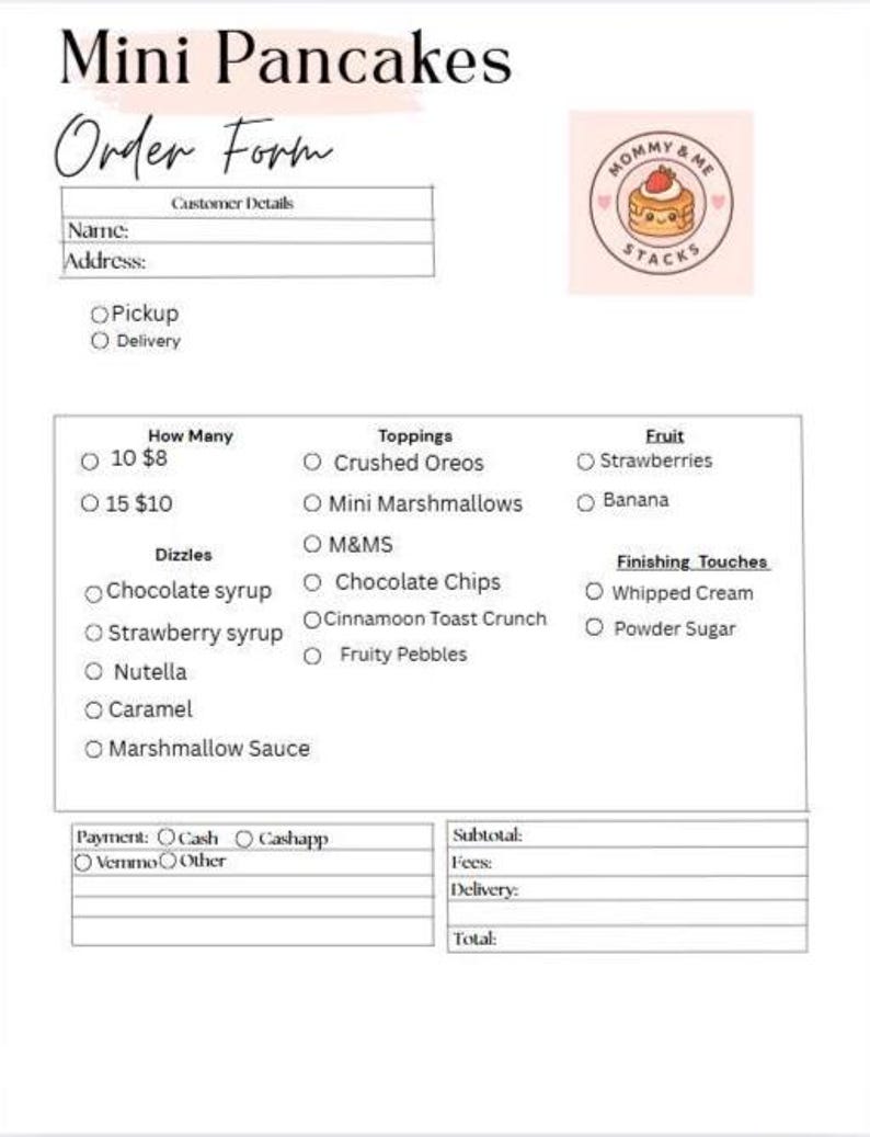 Op de afbeelding: Een bestelformulier voor mini-pannenkoeken, met een logo van pannenkoeken en aardbeien. Het formulier bevat secties voor klantgegevens, afhalen of bezorgen, toppingopties zoals crushed Oreos en betaalmethoden.