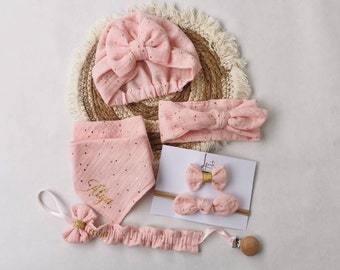 Coffret cadeau Turban, headband, double gaze, noeud de papillon blanc, naissance, bébé,  adulte.