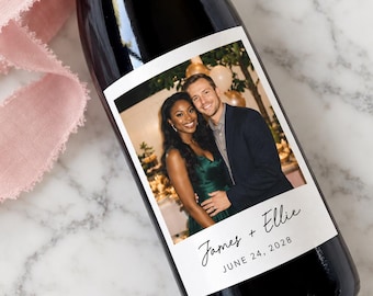 Custom Photo Wine Label - Newly engaged couple, birthday favors