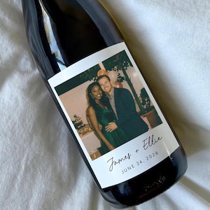 Custom Photo Wine Label - Newly engaged couple, birthday favors