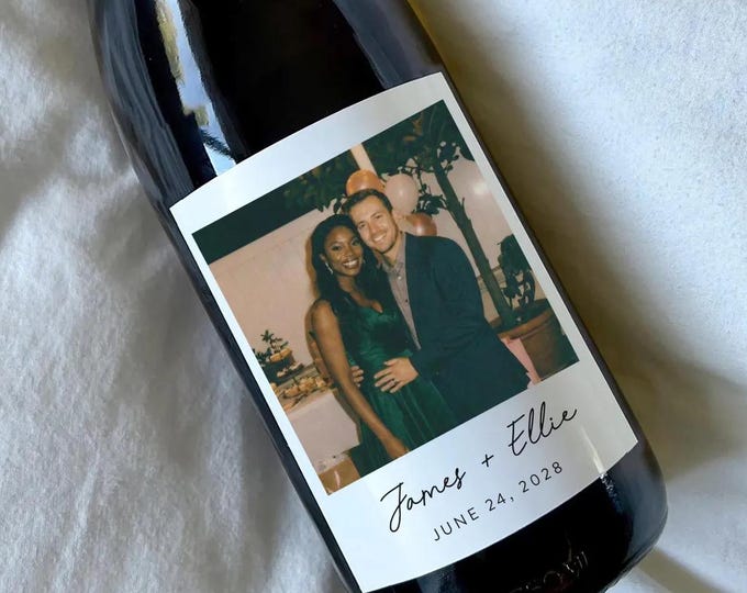 Custom Photo Wine Label - Newly engaged couple, birthday favors