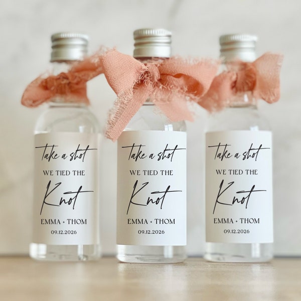 Personalized Wedding Liquor bottle label, 50ml Wedding Favors Labels, Cheers to couple, Take a shot, We Tied the Knot, Mini champagne bottle