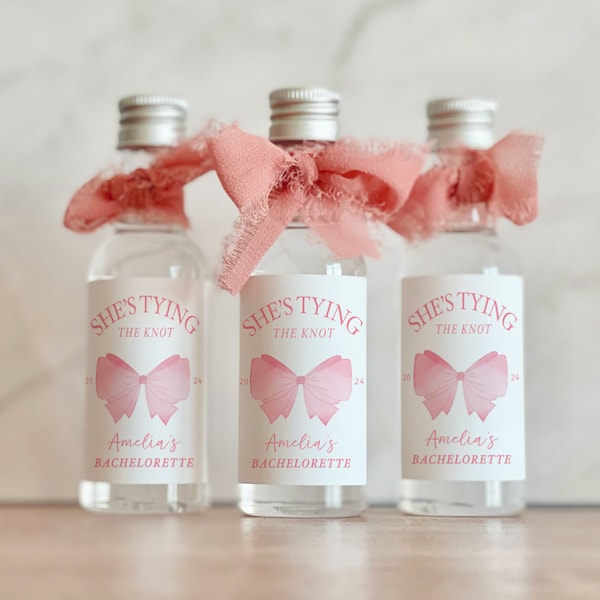 Pink Bow Bachelorette, She's Tying the Knot Mini shot favors, Blush Pink Watercolor Ribbon Blush Bachelorette Bachelorette mini shot label